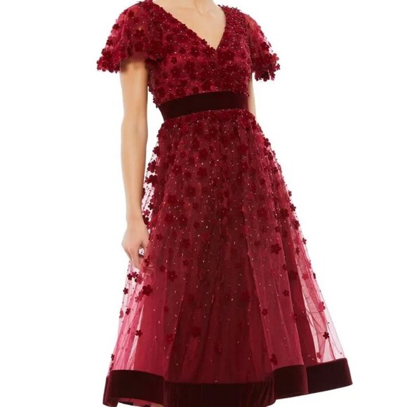 Mac Duggal Burgundy Red Floral Appliqué Cocktail Midi Dress
